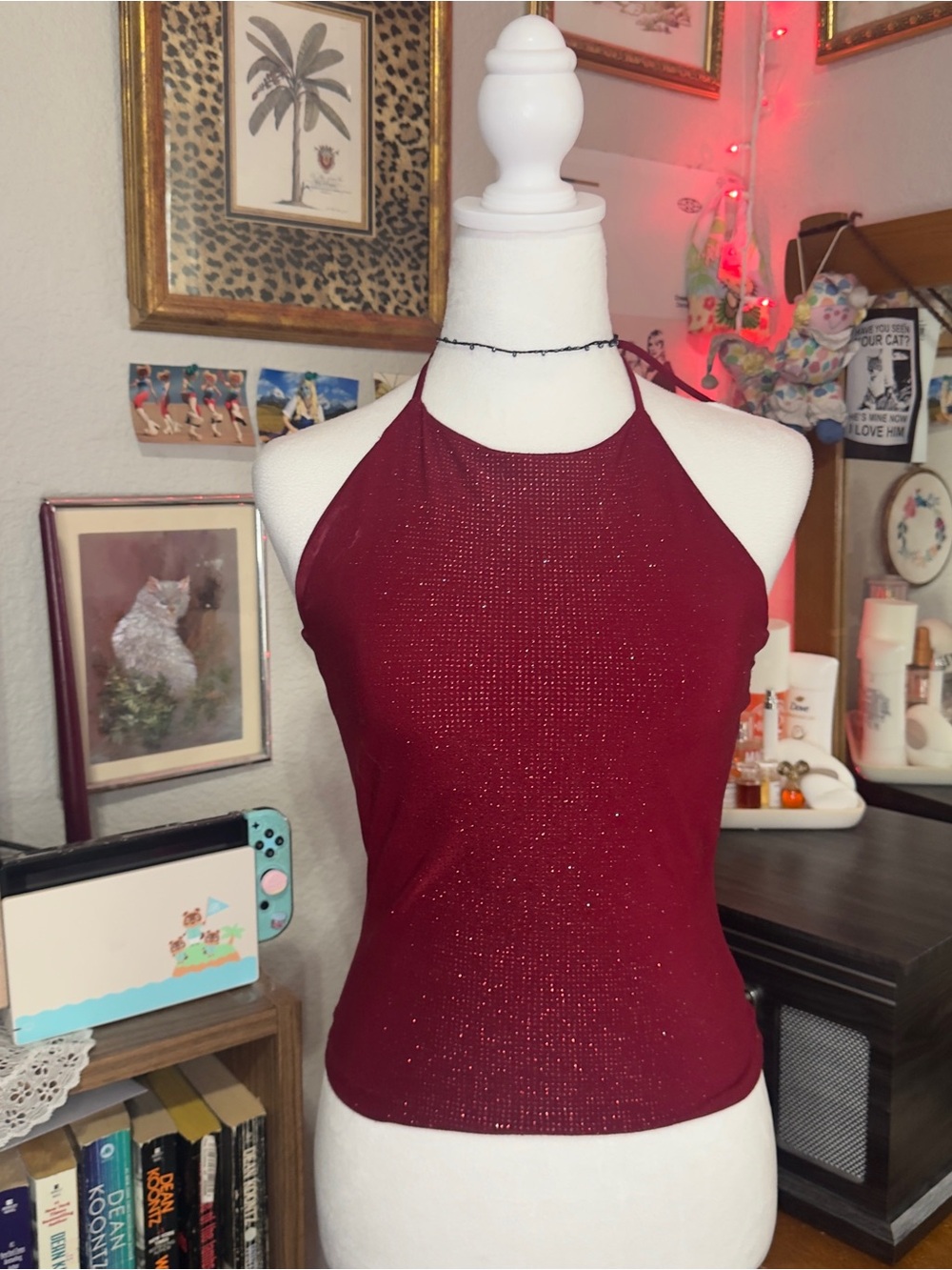 Y2K heart star moon Sparkle Halter Tank Top in Wine